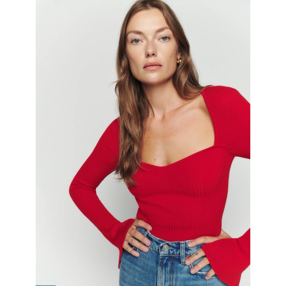 REFORMATION Glenna Cashmere Sweater Ribbed Red Sweetheart Neck Cropped Large